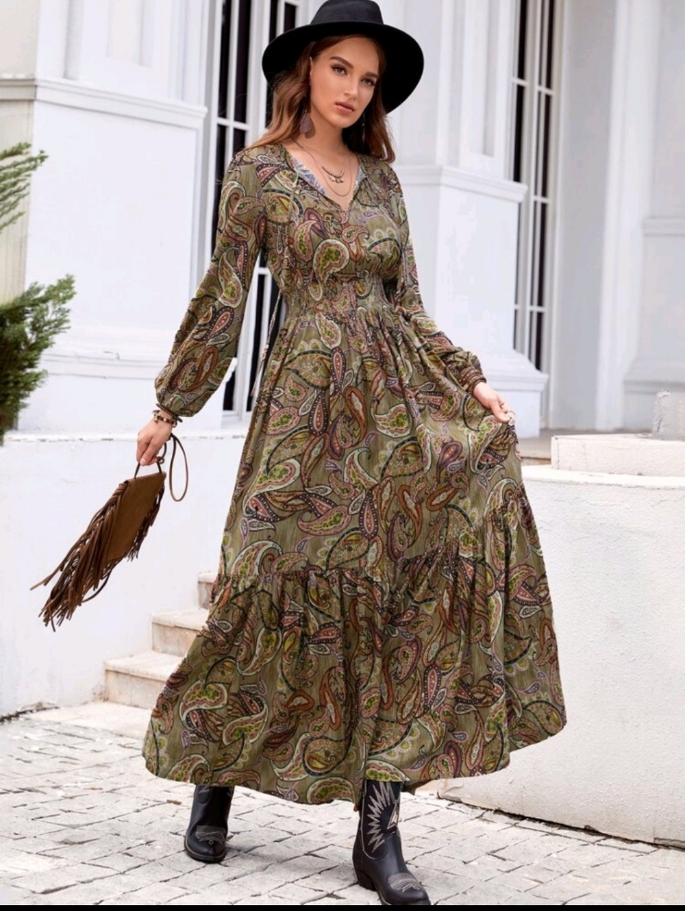 Paisley Olive Maxi Dress - Picture 3 of 9